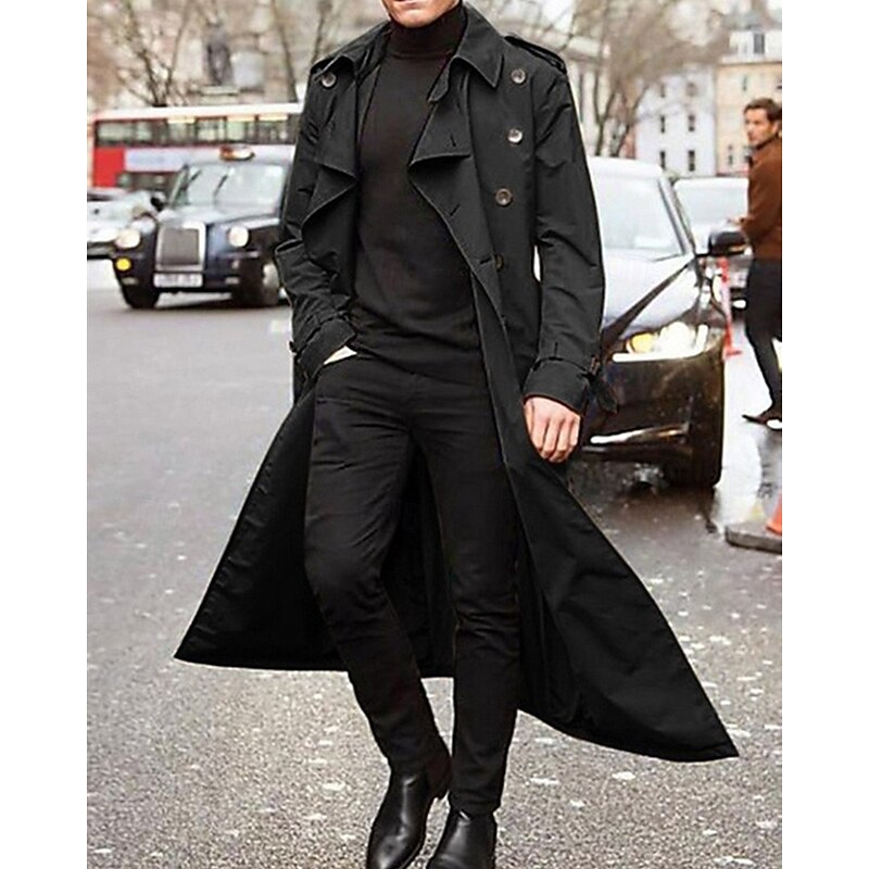 Men's Transition Jacket Trench Coat Going out All Seasons Polyester Windproof Outerwear Clothing Apparel Classic Plain Pocket Lapel Double Breasted2