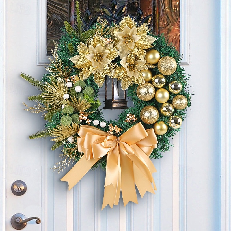 Christmas Lighted Wreath for Front Door Outdoor Door Winter Wreath Golden Xmas Ornaments and Pine Needles, Ideal for Storefront Vine and Door Hanging Christmas Decoration
