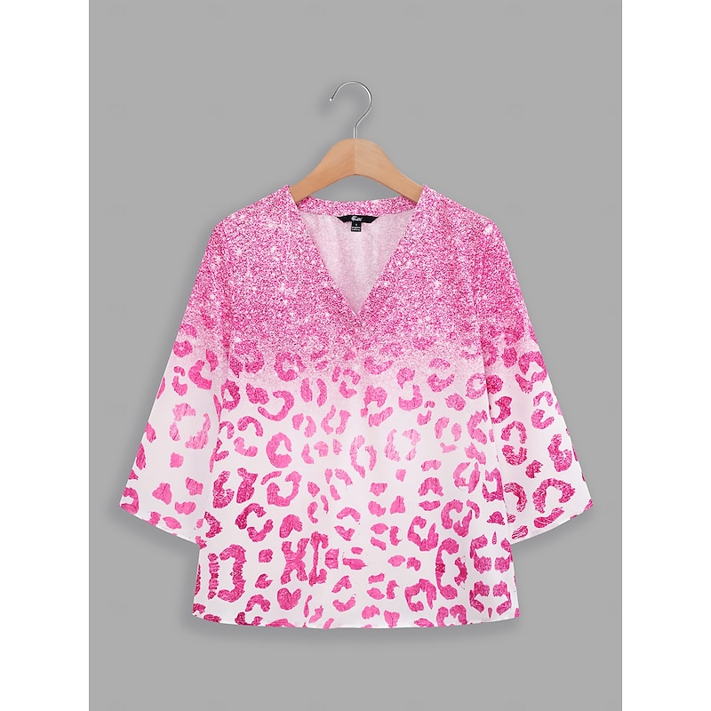 Women's Shirt Button Down Blouse Basic Neon & Bright Print 3/4 Length Sleeve Regular Tops V Neck Casual Pink Blue Purple Green2
