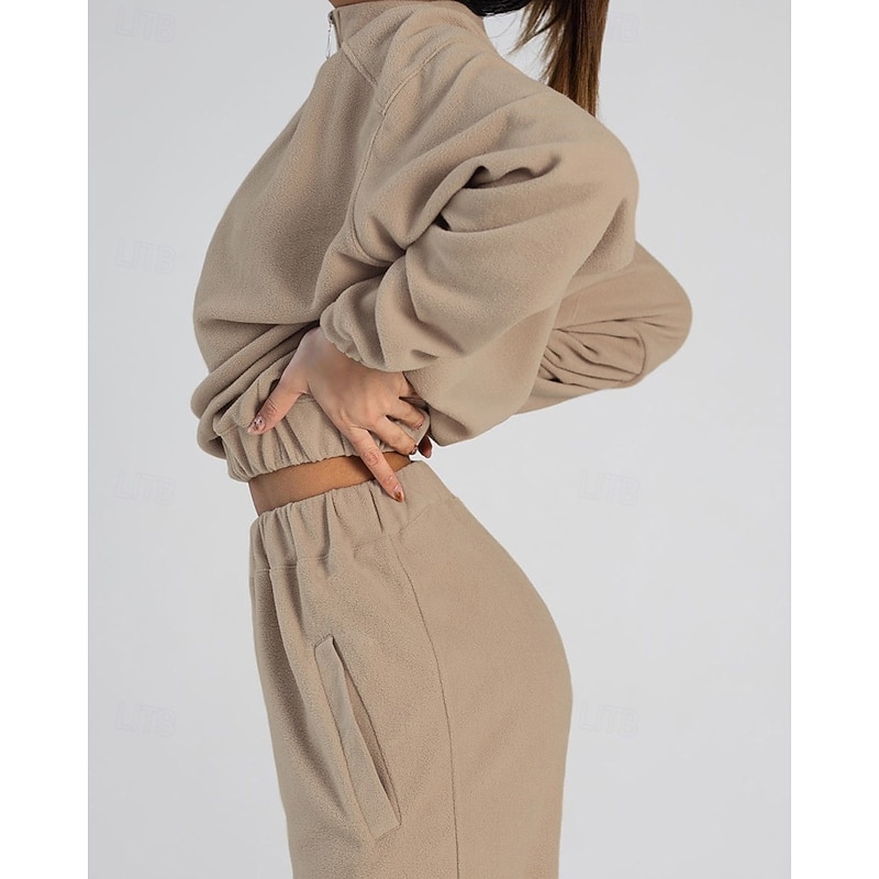 Comfry Fleece Women's Sweatshirt Pants Sets Outdoor Warm Long Sleeve Khaki Spring Fall 5