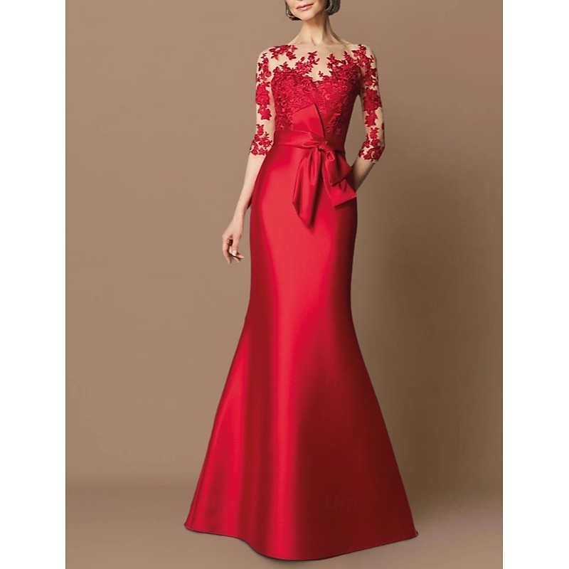 Mermaid Mother of the Bride Evening Gown Elegant Dress Engagement Floor Length 3/4 Length Sleeve Illusion Neck Fall Wedding Guest Satin with Appliques