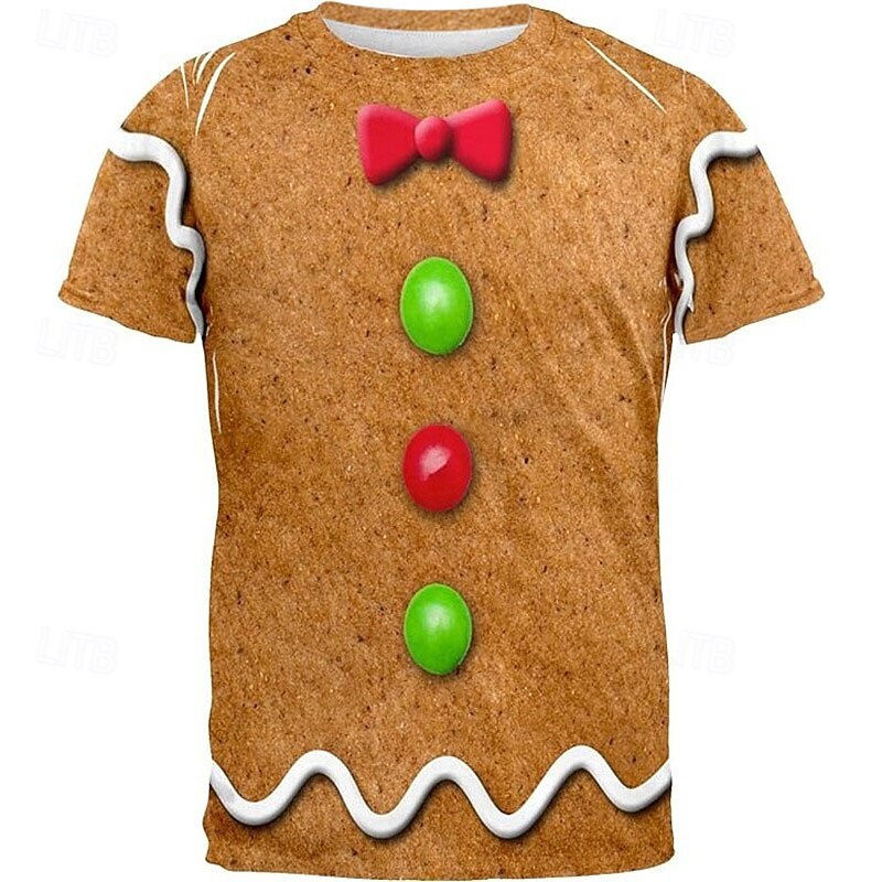 Christmas Men's Christmas Costume 3D T-shirts Graphic Gingerbread Daily Designer Retro Vintage 3D Print Tee Sports Outdoor Holiday Going out Brown Short Sleeve Crew Neck Spring & Summer Clothing