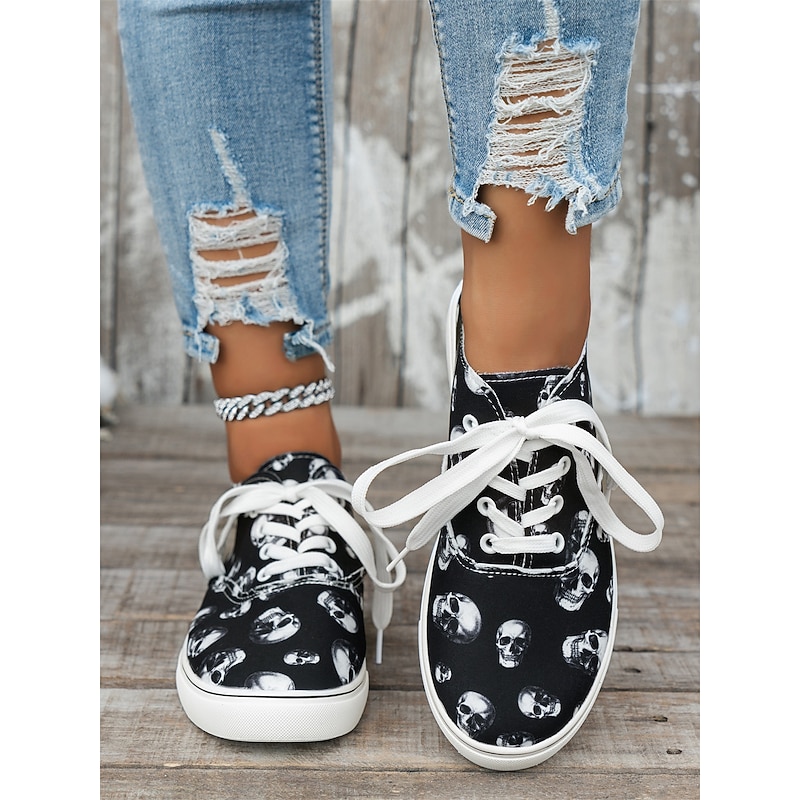 Women's Skull Print Lace-Up Sneakers – Gothic Casual Low-Top Shoes with White Soles, Perfect for Halloween and Everyday Street Style2