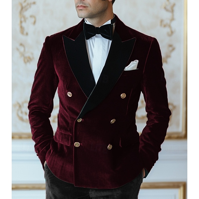 Men's Blazer Jacket Tuxedo Closure collar Vintage Party Velvet Patchwork Solid Colored Blazer Burgundy Green Standard Fit4