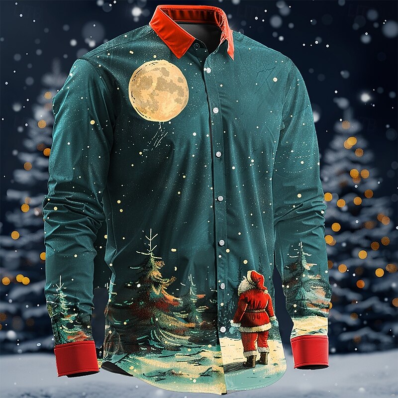 Christmas Men's Santa Claus Shirt Button Up Shirt Long Sleeve Casual Business Casual Party Evening Wear Daily Fall Winter Spring & Summer Shirt Collar Button Up 3D Print Blue Ink Blue Dark Blue4