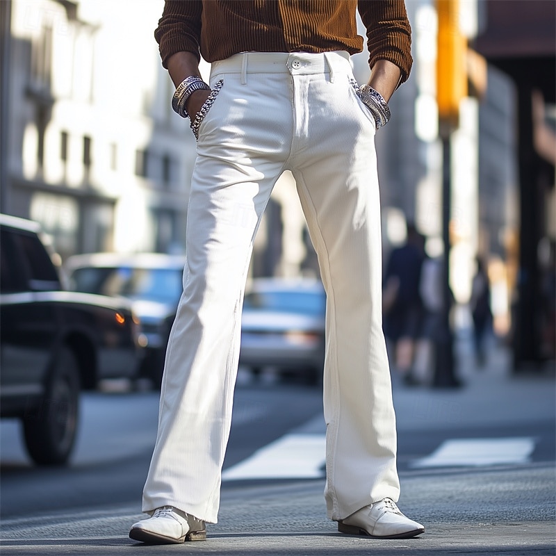 Men's Dress Pants Corduroy Pants Flared Pants Bell Bottom Trousers Pocket Plain Comfort Soft Full Length Business Daily Holiday Elegant Fashion White Brown