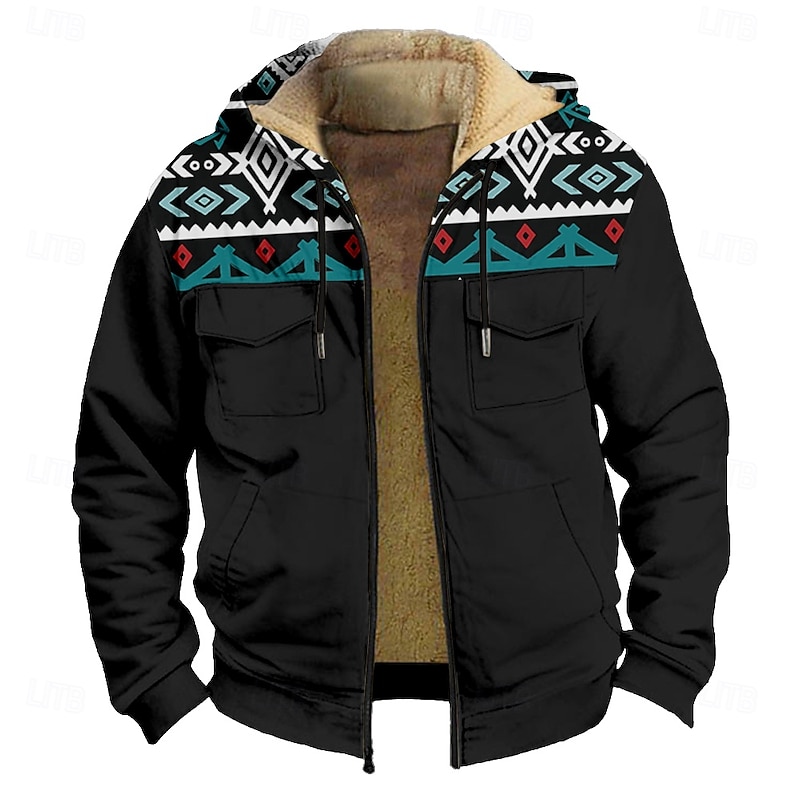 Men's Aztec Fleece Hoodie Hoodies Fashion Cool Long Sleeve Hooded Holiday Streetwear Black Zipper Pocket Fall Winter Designer