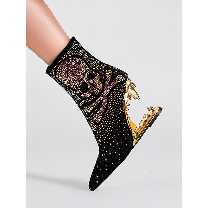 Women's Black Skull Ankle Boots with Rhinestone Embellishments and Gold Cut-Out Heels – Bold Statement Heels for Gothic Fashion and Parties2