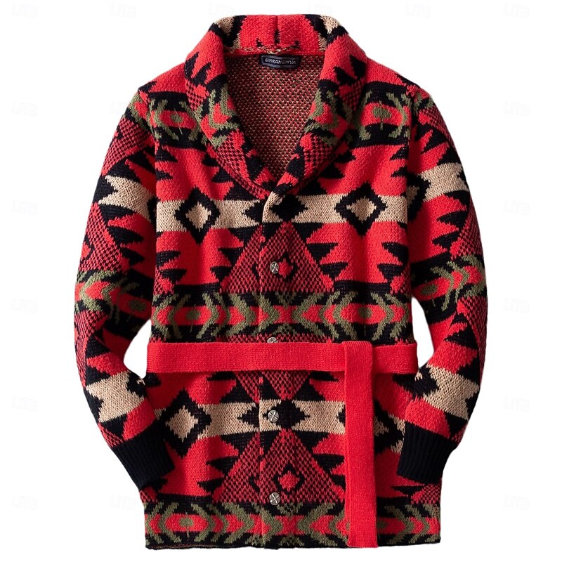 Men's Jacquard Sweater Cardigan Sweater Cropped  Sweater Knit Sweater Ribbed Crochet Knit Tunic Knitted Jacquard Vintage Shawl Collar Fashion Classic Daily Wear Date Clothing Apparel Fall & Winter Red4