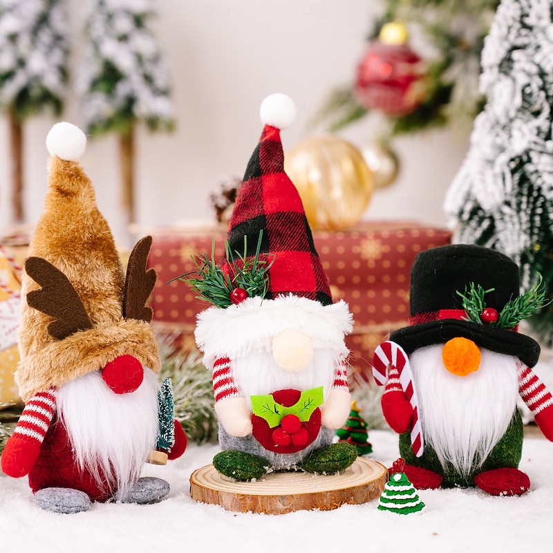 Christmas Gnome Figurines - Checkered Hat with Forest Elder, Deer Antler Gnome, Rudolph Doll, Festive Holiday Decorations3