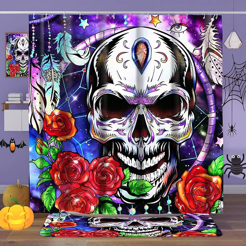 Halloween Shower Curtain with Hooks for Bathroom Skull Shower Curtain  Bathroom Decor Set Polyester Waterproof 12 Pack Plastic Hooks Skull Heads3