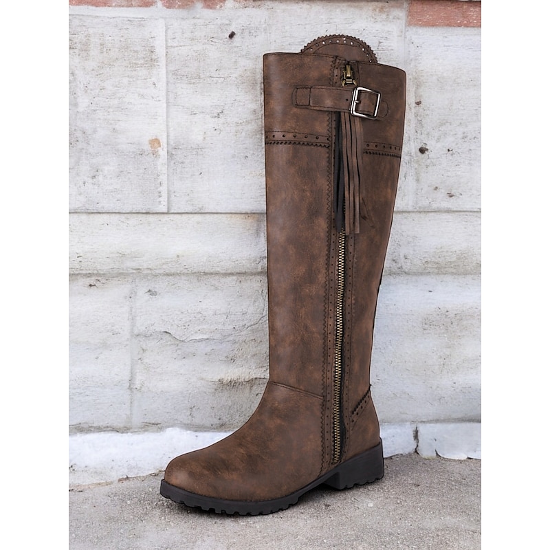 Women's Blue Faux Suede Knee-High Boots with Side Zipper and Tassel Detail, Vintage Style for Fall and Winter Casual Wear