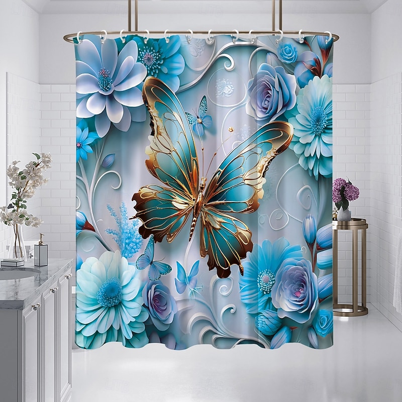 Shower Curtain with Hooks 180cm*180cm(70"*70") Polyester Washable Waterproof Floral Butterfly Pattern Bathroom Decor2