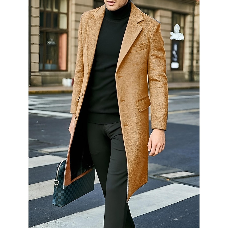 Male Overcoat Coat Trench Coat Daily Wear Buckle Fall & Winter Solid / Plain Color Leisure Lapel Long Camel Black Gray Jacket