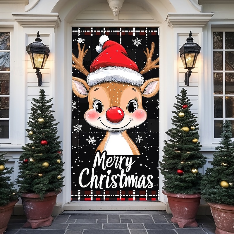 Christmas Door Decorations Door Covers Reindeer Door Tapestry Door Curtain Decoration Backdrop Indoor/Outdoor Door Banner for Front Door Farmhouse