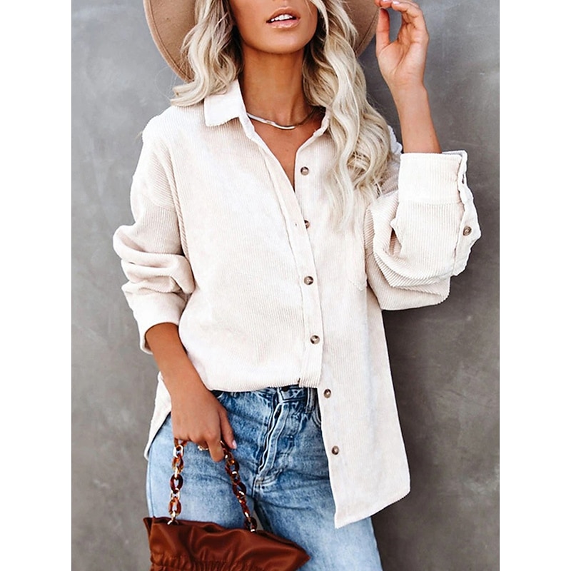 Women's Blouse Solid Color Casual Long Sleeve Shirt Collar Vacation Going out Pocket White Wine Orange Green Fall Winter2