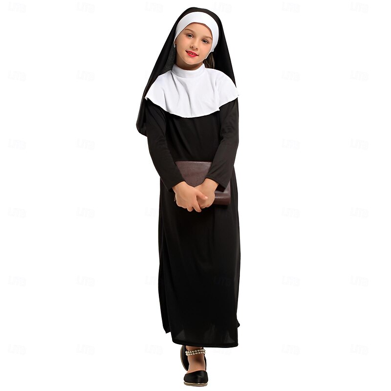Nun Halloween Dress Headpiece Cosplay Costume Kid's Girls' Carnival Masquerade Performance Easy Halloween Costumes Dress Up3