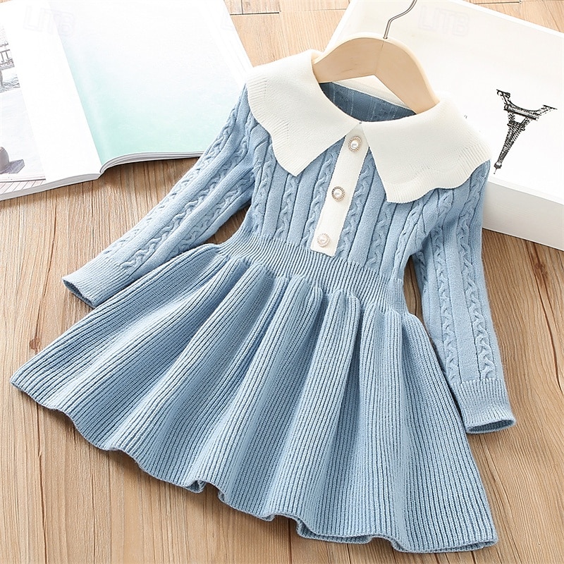 Girls' 3D Multi Color Dress Long Sleeve Fall Winter Vacation Daily Holiday Beautiful Sweet Little Kids(4-7ys) 4-7 Years Sweater Dress Casual Dress A Line Dress Knee-length Regular Fit
