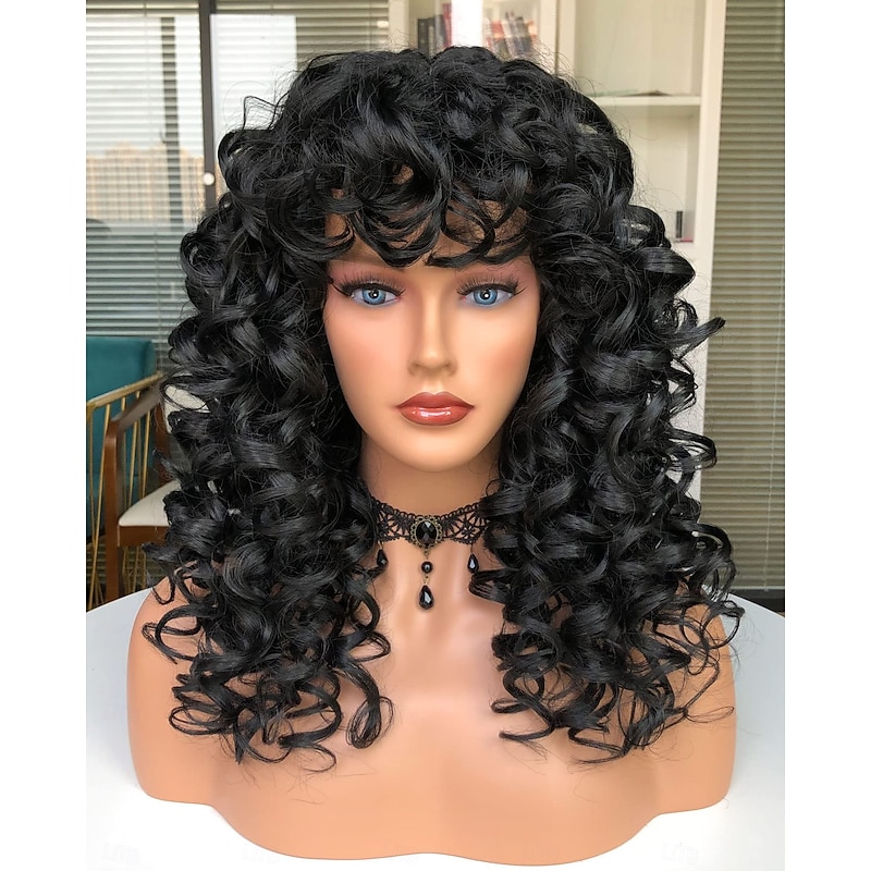 Curly Wig with Bangs for Black Women Kinky Long Curly Wig Synthetic Hair Daily Use Cosplay2
