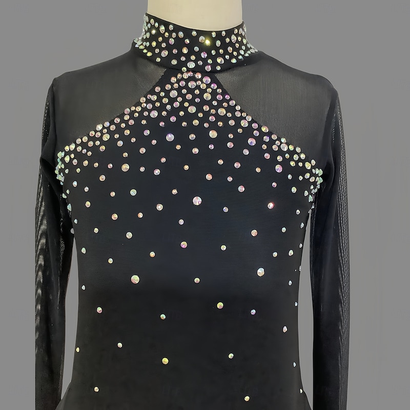 Figure Skating Dress Women's Girls' Ice Skating Dress Black Dark Navy Thumbhole Dyeing Mesh Spandex Stretchy Training Practice Professional Skating Wear Thermal Warm Classic Crystal / Rhinestone4