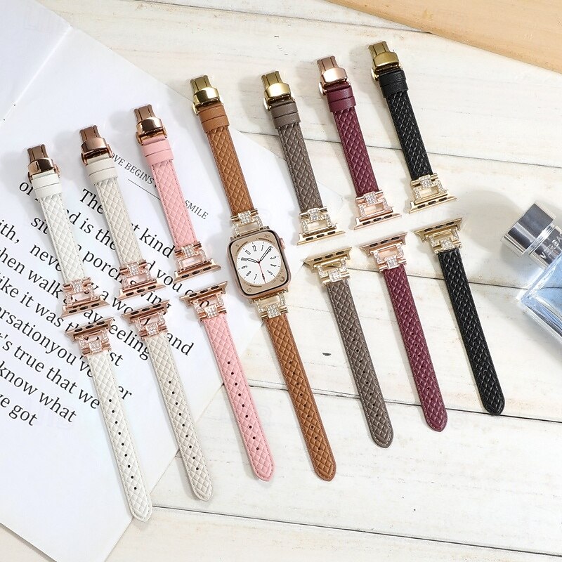 Leather Band Compatible with Apple Watch band 38mm 40mm 41mm 42mm 44mm 45mm 49mm Elastic Bling Diamond Butterfly Buckle Genuine Leather Rhinestone Strap Replacement Wristband for iwatch Ultra 2