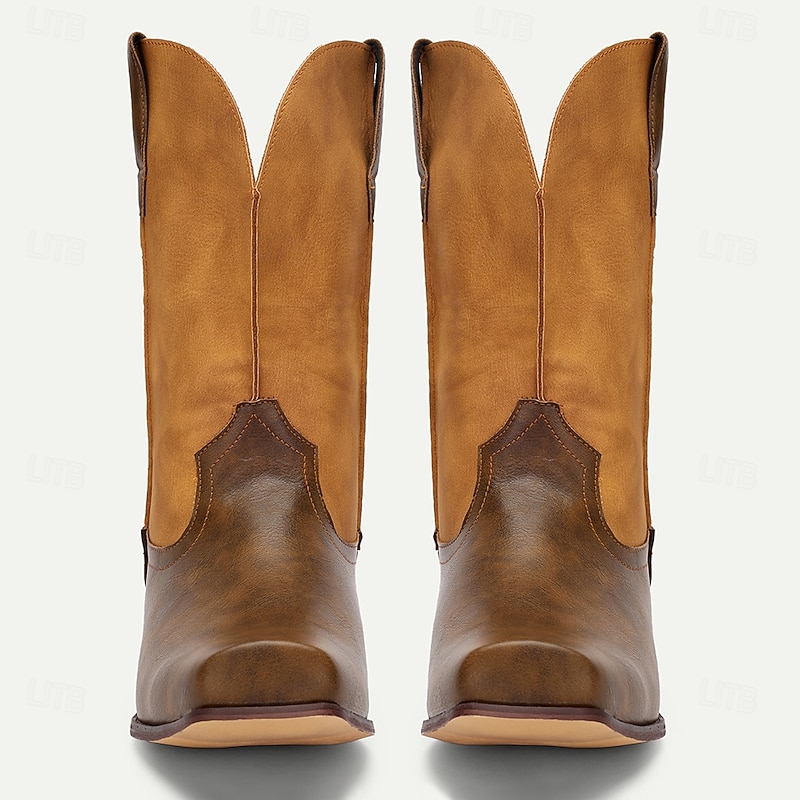 Men's Western Cowboy Boots – Vintage Style Tan Faux Leather Mid-Calf Boots with Square Toe, Ideal for Outdoor and Casual Wear2