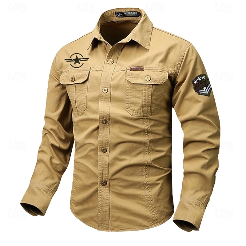 Men's Solid Color Work Shirt Western Shirt Cargo Shirt Long Sleeve Casual Tactical Sports & Outdoor Going out Winter Spring &  Fall Turndown Print Black White Red Blue Khaki