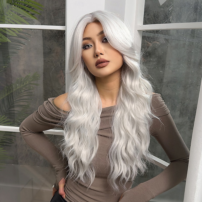 Synthetic Wig Uniforms Career Costumes Princess Curly Wavy Middle Part Layered Haircut Machine Made Wig 26 inch Silver Synthetic Hair Women's Cosplay Party Fashion Silver4