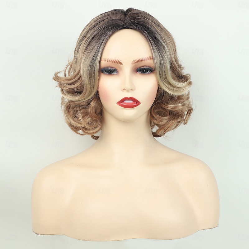 Medium Length Brown Curly Wigs for White Women Short Brown Wigs with Highlight Synthetic Hair Wavy Bob Wigs2