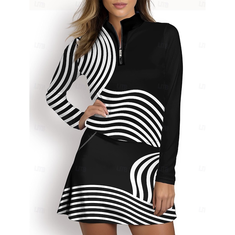 Women's Golf Polo Shirt Black Long Sleeve Top Stripe Ladies Golf Attire Clothes Outfits Wear Apparel4
