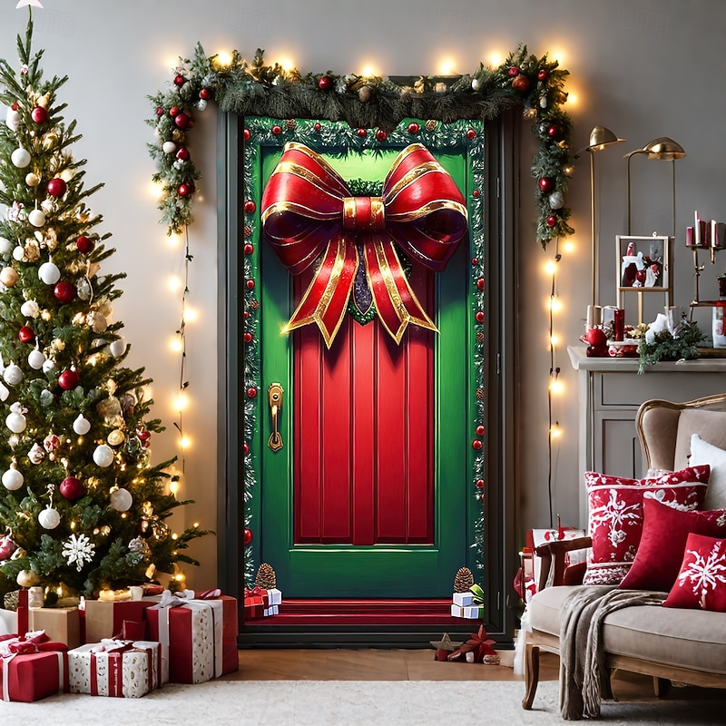 Christmas Door Decorations Door Covers Xmas Bow Tie Door Tapestry Door Curtain Decoration Backdrop Door Banner for Front Door Farmhouse Christmas Holiday Party Decor Supplies Ornaments Indoor/Outdoor 5
