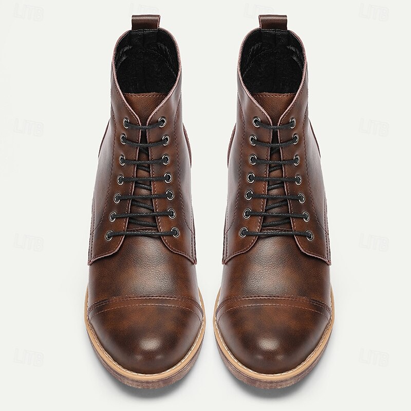 Men's Vintage Faux Leather Lace-Up Ankle Boots – Classic Cap-Toe Design, Sturdy Sole, Perfect for Casual or Formal Occasions2