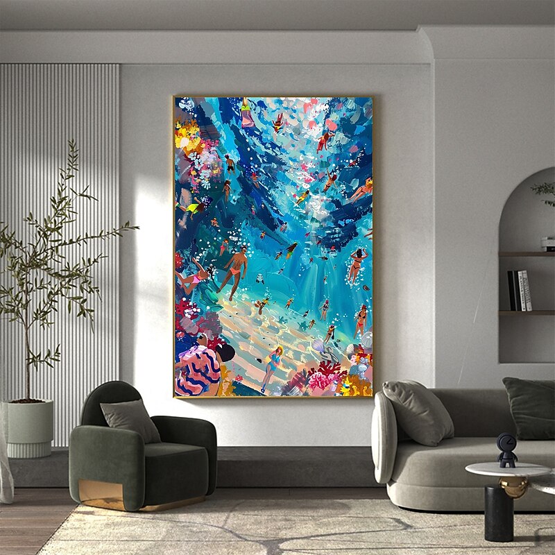 Handmade Original Summer Party Oil Painting On Canvas Abstract Beach Painting Wall Art Decor Living Room Home Decor With Stretched Frame/Without Inner Frame Painting2