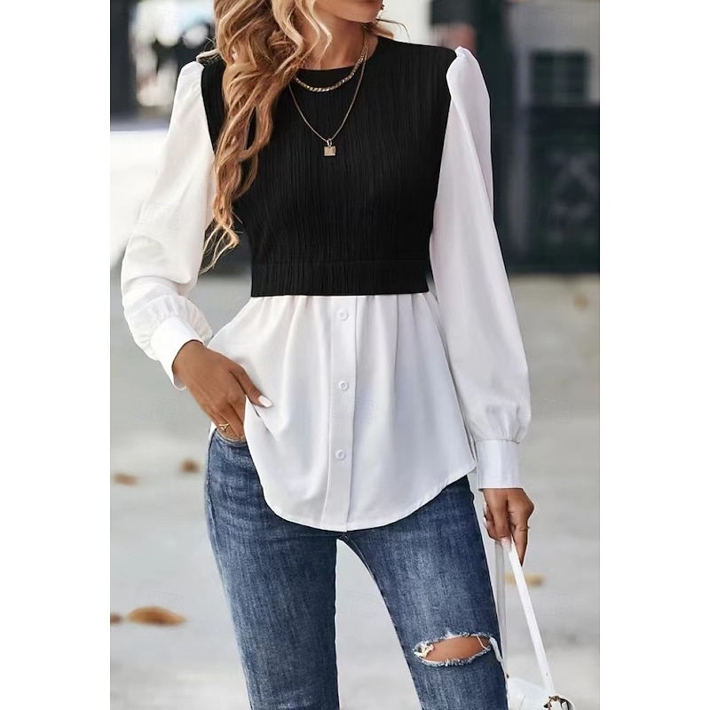 Women's Blouse Stylish Modern Long Sleeve Regular Tops Crew Neck Work Daily Black Spring Fall Winter