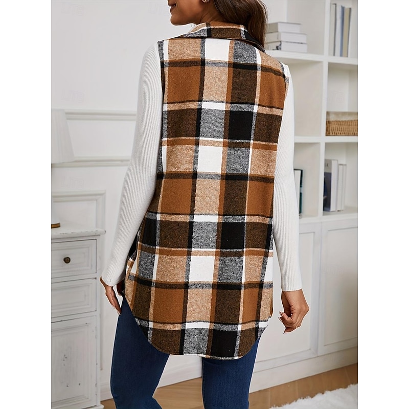 Women's Vest Dailywear Button Plaid Comfortable Stylish Regular Fit Outerwear Long Sleeve Fall Pink S3