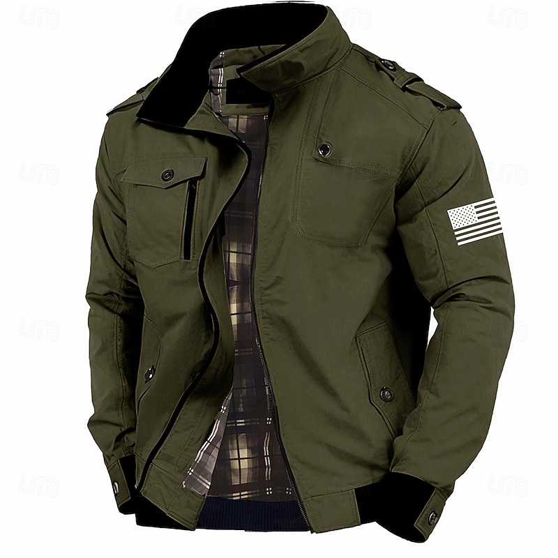 Graphic American US Flag Men's Standing Collar Jacket Zip Up Combat Bomber Jacket Tactical Cargo Outwear Cotton Comfy Breathable Coat With Pockets