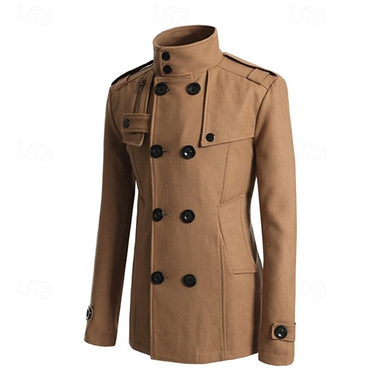 Men's Field Coat Peacoat Trench Coat Daily Vacation Fall & Winter Polyester Thermal Warm Outerwear Clothing Apparel Fashion Classic Plain Pocket Stand Collar Double Breasted4