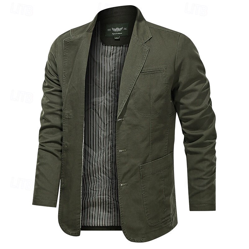 Men's Blazer Business Cocktail Party Wedding Party Fashion Casual Spring &  Fall 100% Cotton Plain Pocket Buttons Comfortable Single Breasted Blazer Black khaki Army Green