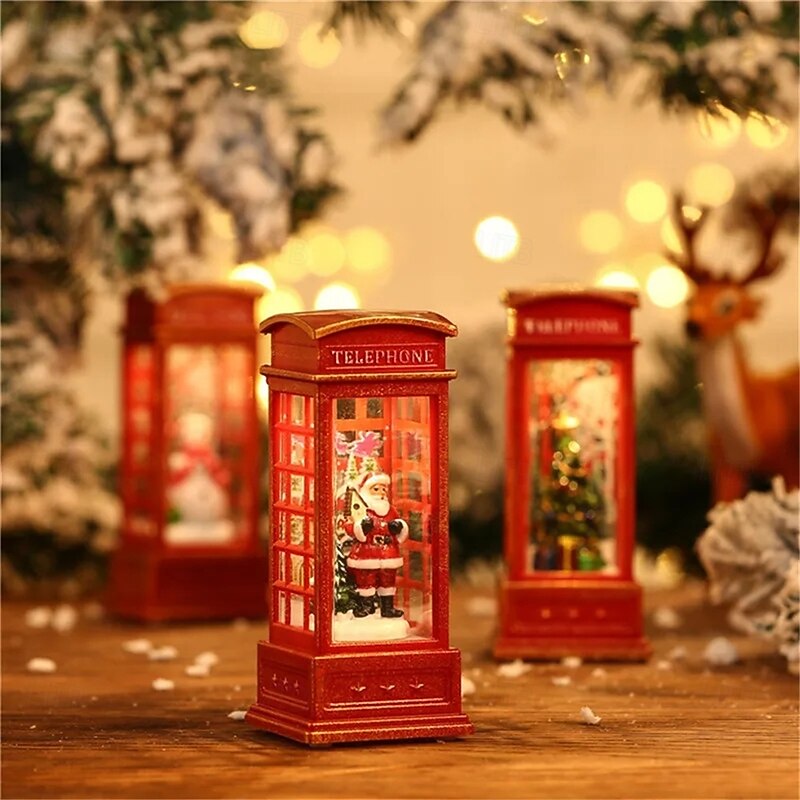Christmas Red Vintage Luminous Phone Booth Lantern Christmas Tree Snowman Santa Claus Figurine in Telephone Booth decoration  1PC3