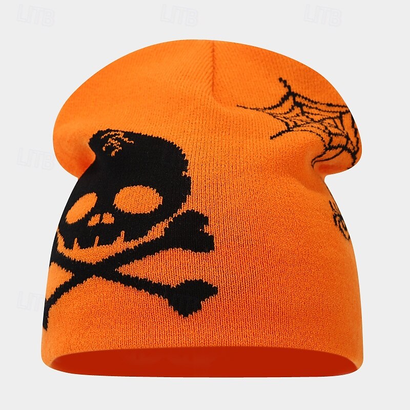 Men's Unisex Beanie Hat Winter Hats Beanies Skull Cap Knit Hat White Orange Acrylic Fibers Knitted Jacquard Cozy Halloween Daily Wear Festival Pumpkin Skulls Warm4