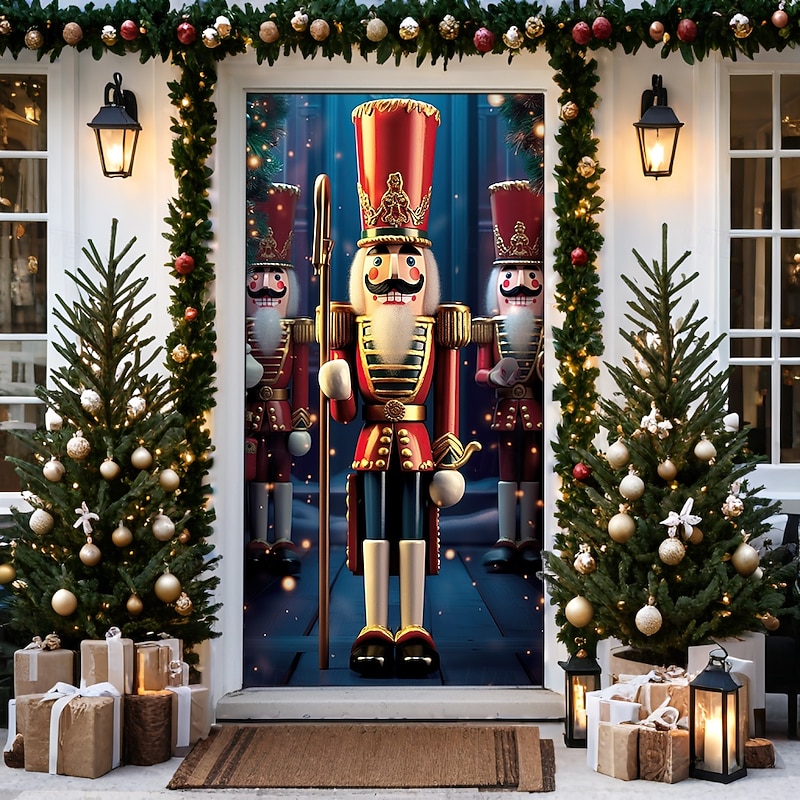 Christmas Door Decorations Door Covers Xmas Nutcrackers Door Tapestry Door Curtain Decoration Backdrop Door Banner for Front Door Farmhouse Holiday Party Decor Supplies Indoor/Outdoor