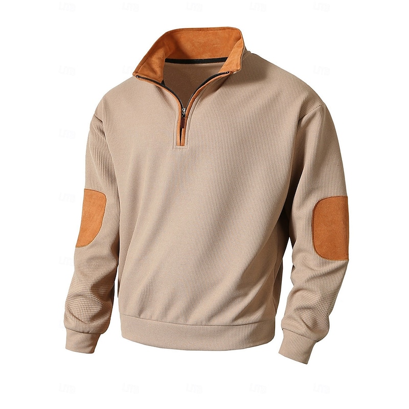 Men's Sweatshirt Waffle Sweatshirt Quarter Zip Sweatshirt Black Army Green Brown Khaki Dark Gray Half Zip Color Block Patchwork Sports & Outdoor Daily Holiday Polyester Streetwear Basic Casual Spring