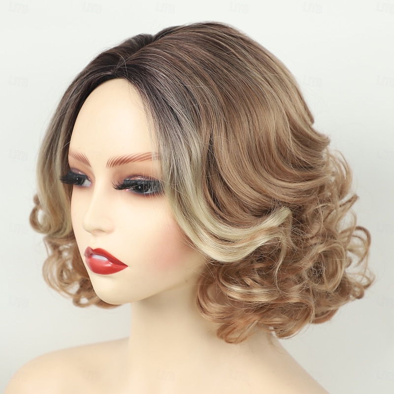 Medium Length Brown Curly Wigs for White Women Short Brown Wigs with Highlight Synthetic Hair Wavy Bob Wigs3