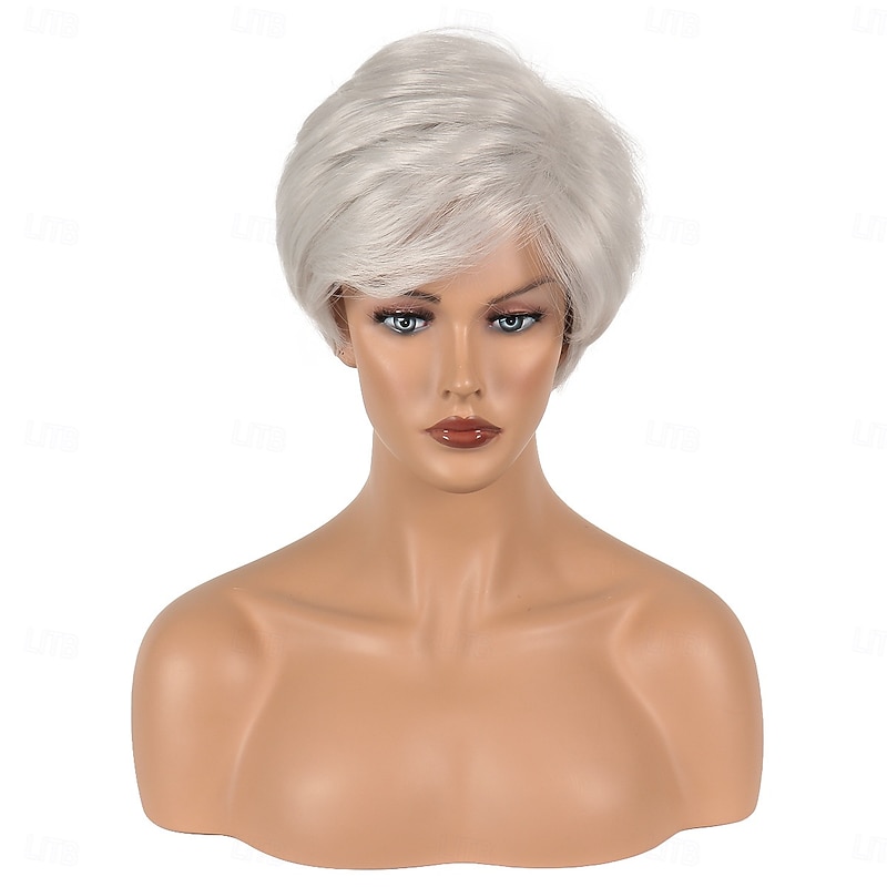 Synthetic Wig Straight Asymmetrical Wig Short Silver Synthetic Hair Women's Fashionable Design Soft Natural Silver4