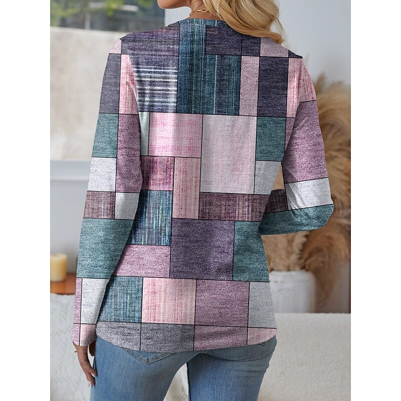 Women's T shirt Crew Neck Long Sleeve Tunic Floral Geometric Plaid Print Regular Tops Round Neck Daily Weekend Pink Green Spring & Fall