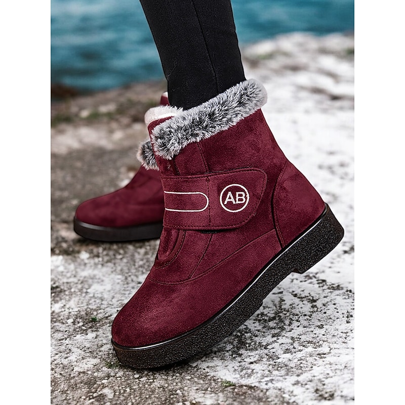 Women's Burgundy Winter Snow Boots with Faux Fur Lining, Velcro Strap, and Non-Slip Sole - Warm and Comfortable Footwear for Cold Weather