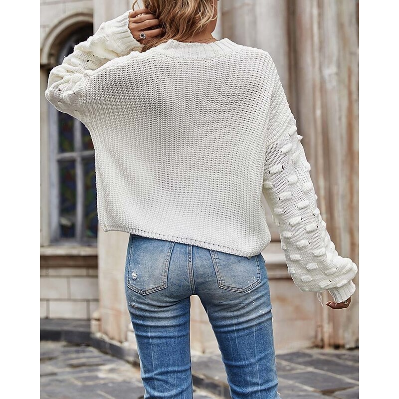 Women's Sweater Elegant Fashion Daily Solid Color Crew Neck Knitted Textured Long Sleeve Regular Tops Knit Work Black White Fall Winter3