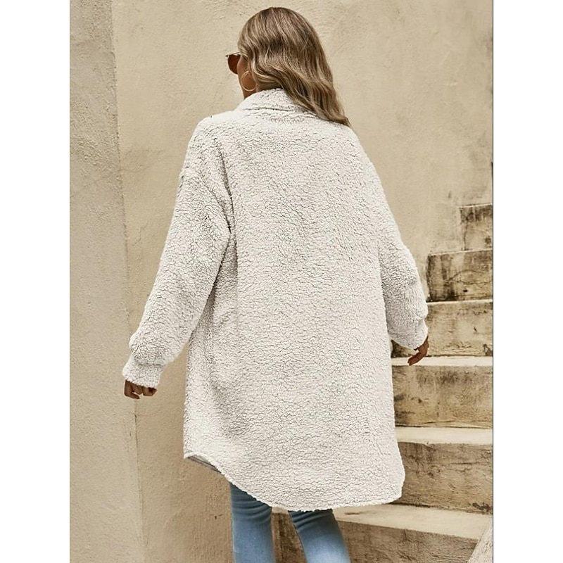 Women's Casual Jacket Street Daily Wear Fall Winter Regular Coat Loose Fit Warm Breathable Comtemporary Stylish Plush Jacket Long Sleeve Solid Color with Pockets Print Light Brown Khaki2