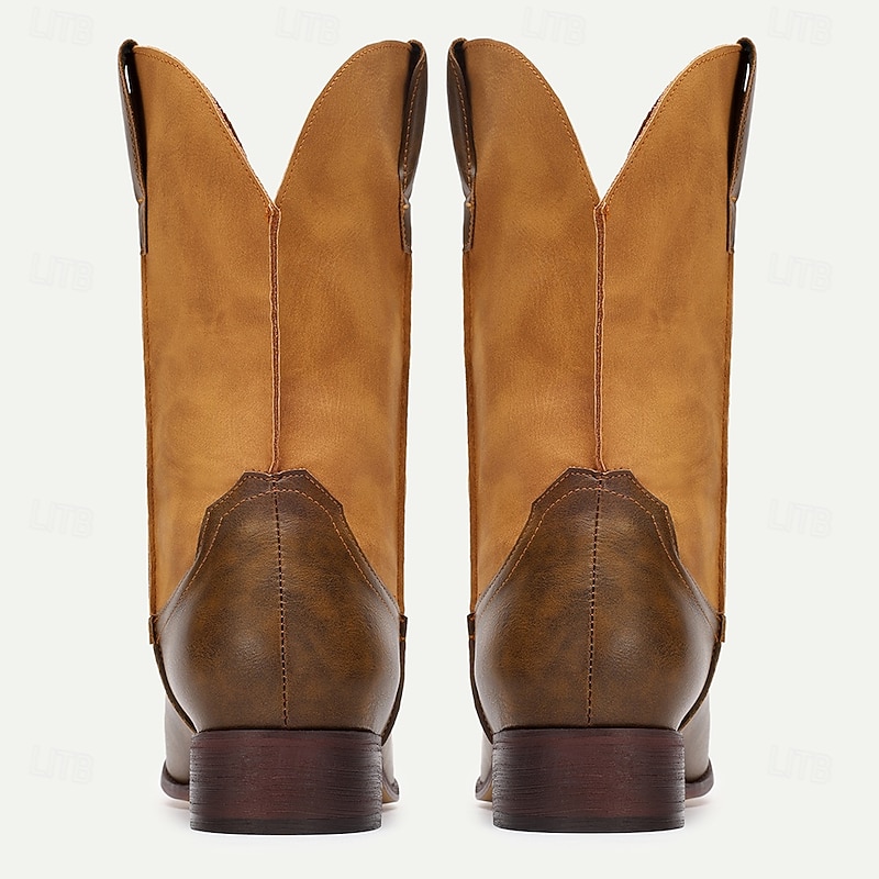 Men's Western Cowboy Boots – Vintage Style Tan Faux Leather Mid-Calf Boots with Square Toe, Ideal for Outdoor and Casual Wear3