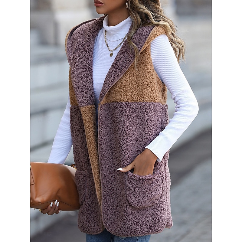 Women's Fleece Jacket Fleece Vest Teddy Coat Warm Breathable Patchwork Pocket Fleece Lined Casual Color Block Vacation Street Daily Wear Going out Open Front Regular Hoodie Regular Fit Sleeveless4
